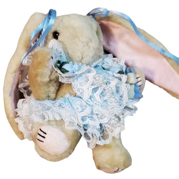 Vintage Bunny Rabbit Stuffed Animal Plush Blue 7" Jointed with Outfit Easter - Picture 12 of 13